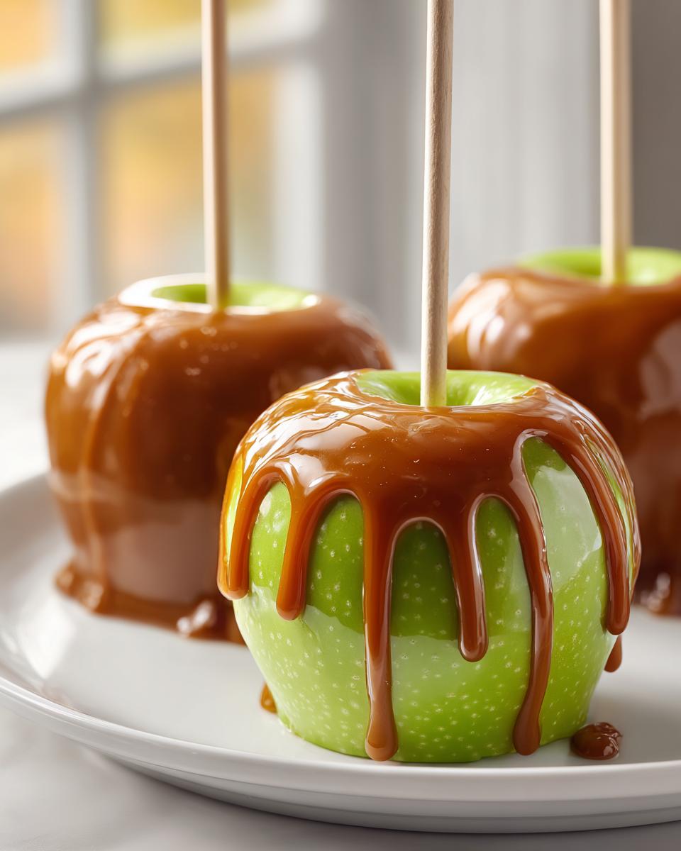 Close-up of a bright green caramel apple with thick caramel dripping down the sides, ready to eat.