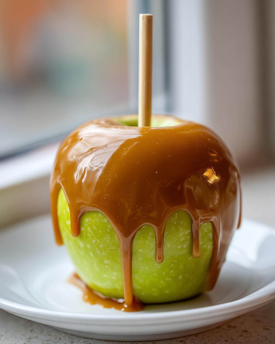 A bright green apple covered in thick, dripping caramel sauce, served on a white plate. This is the best caramel apple.
