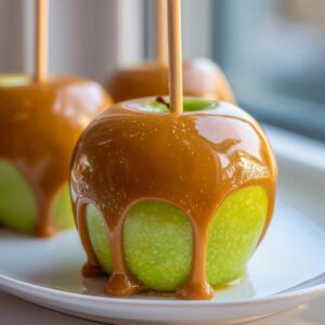 Close-up of a bright green apple covered in thick, dripping caramel, ready to eat. This is a perfect caramel apple.