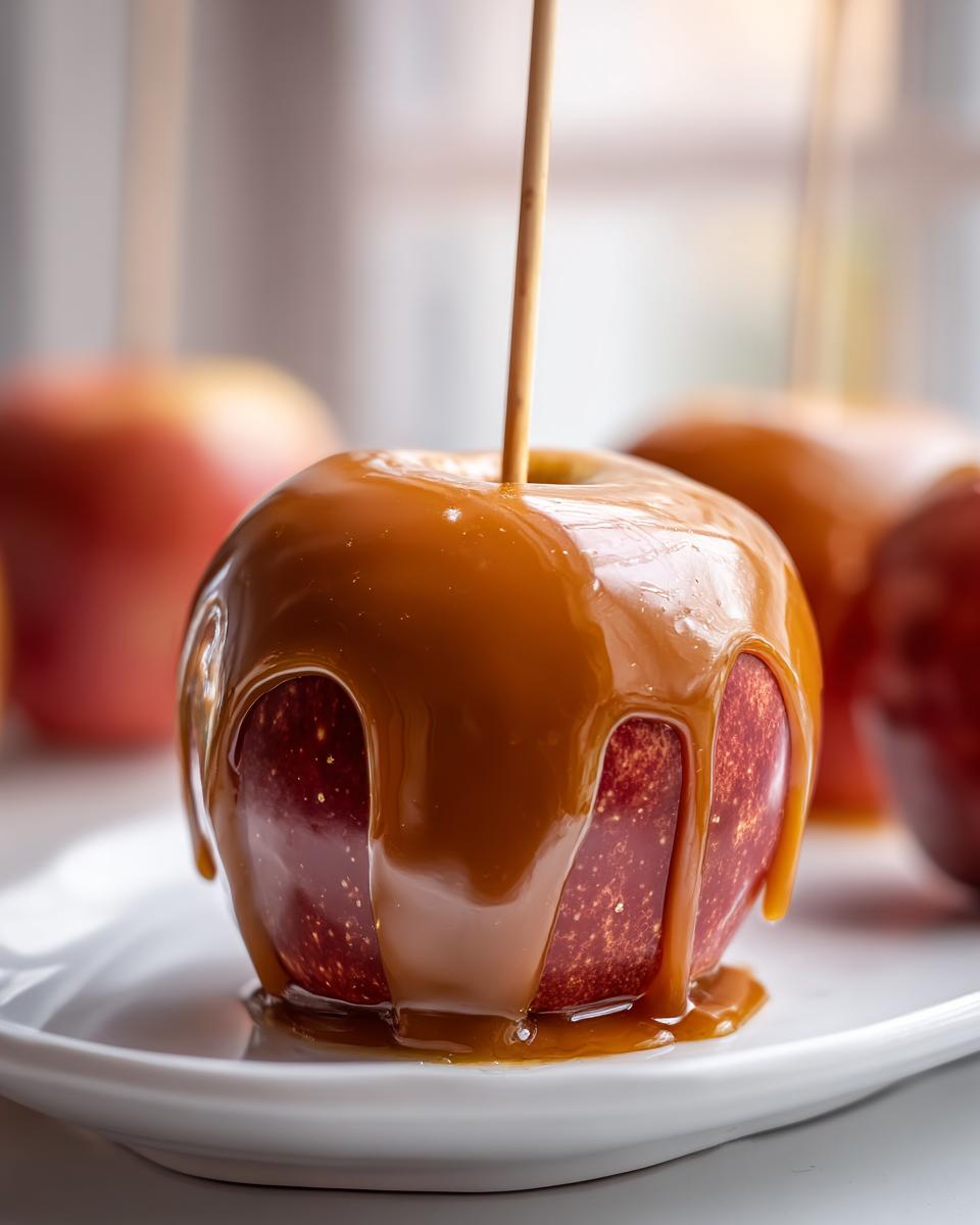 Close-up of a glossy red apple fully coated in dripping caramel sauce on a stick, a perfect caramel apple.