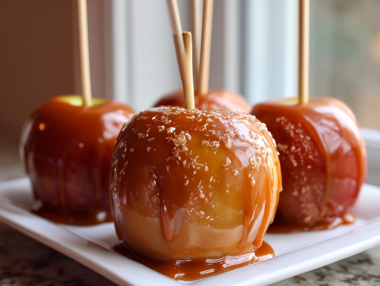 Close-up of a perfectly coated caramel apple sprinkled with sea salt, ready to eat.