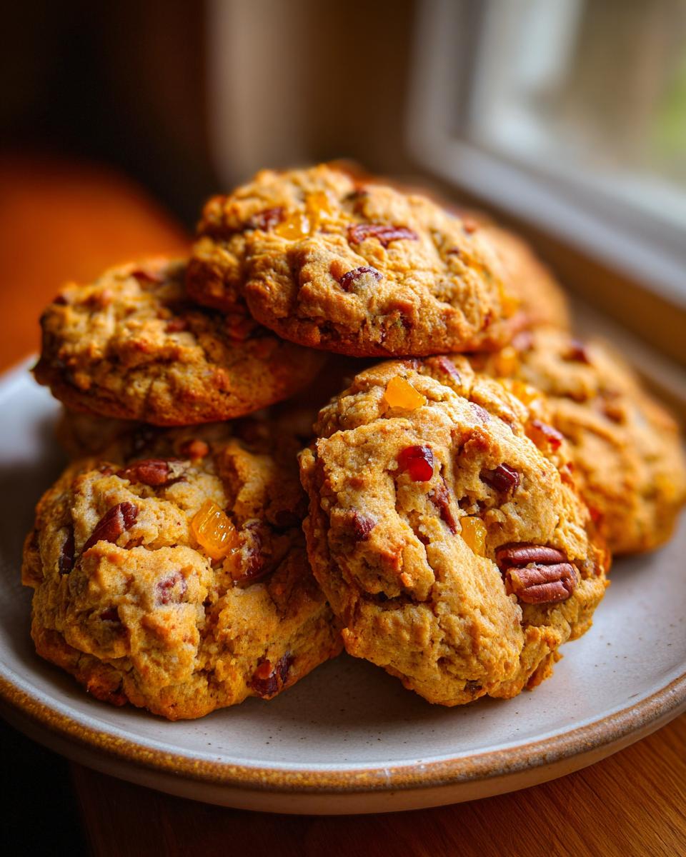 A close-up stack of golden brown fruitcake cookies studded with pecans and colorful candied fruit pieces.