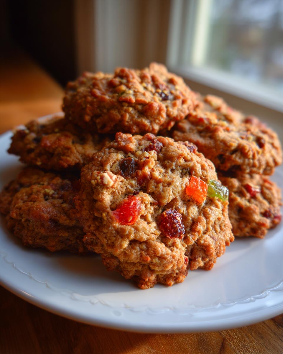 A stack of homemade fruitcake cookies featuring visible candied fruit pieces, resting on a white plate near a window.