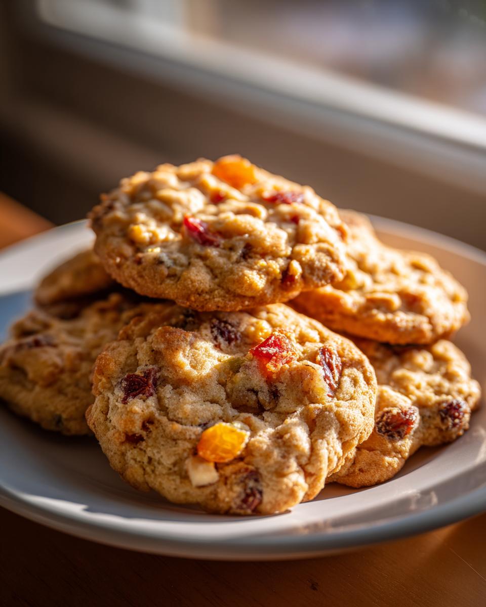 A close-up stack of freshly baked fruitcake cookies loaded with dried and candied fruit pieces, sitting on a white plate.