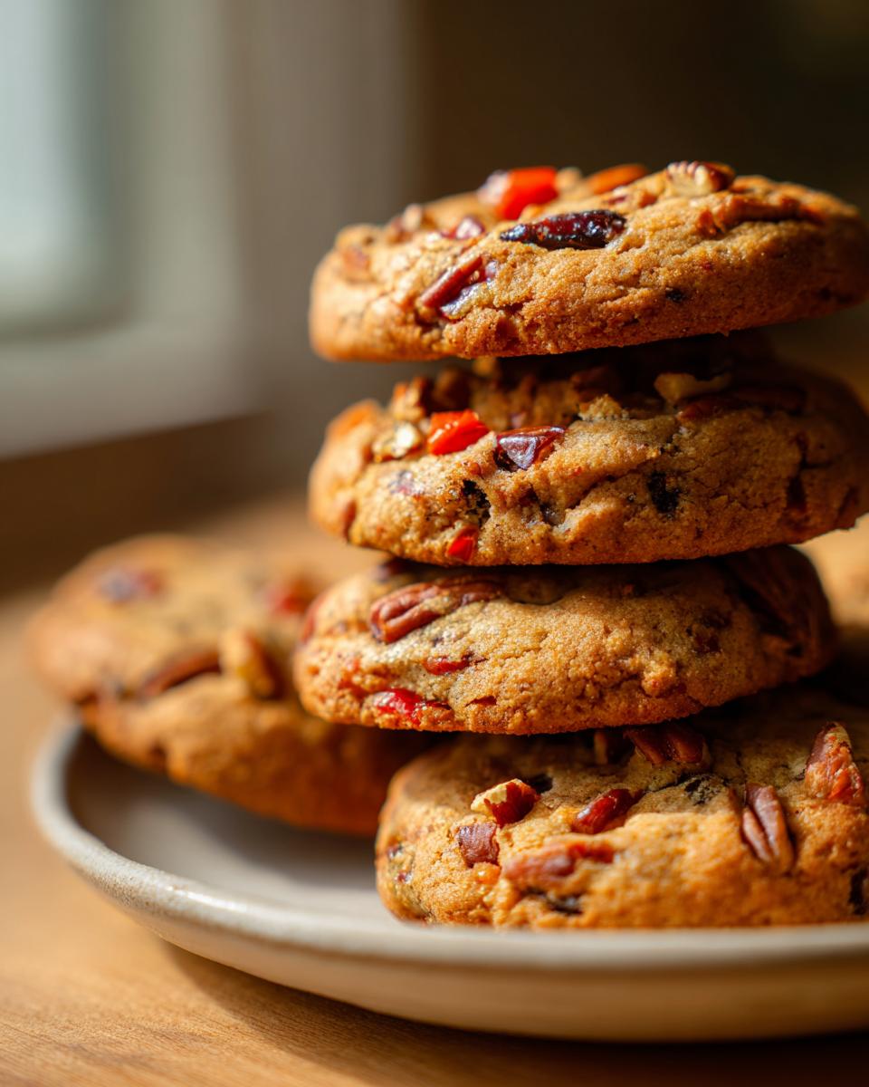 A close-up stack of four golden brown fruitcake cookies loaded with pecans and candied fruit pieces.