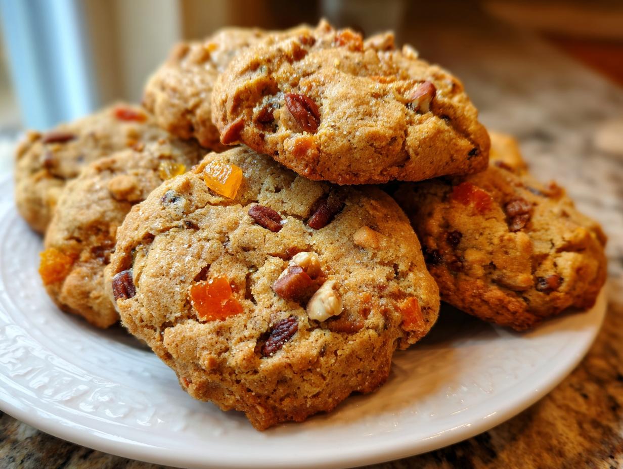 A close-up stack of freshly baked fruitcake cookies featuring visible pecans and bright orange candied fruit pieces.