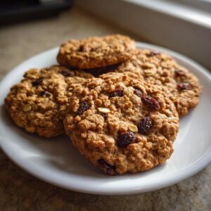 A stack of four chewy oatmeal raisin cookies piled on a white plate, highlighting the oats and dark raisins.