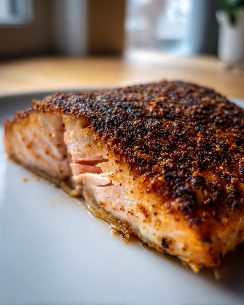 Close-up of a thick fillet of blackened salmon showing the dark spice crust and flaky, moist interior.