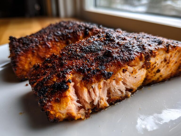 Close-up of a juicy, flaky piece of blackened salmon showing the dark spice crust and moist interior.