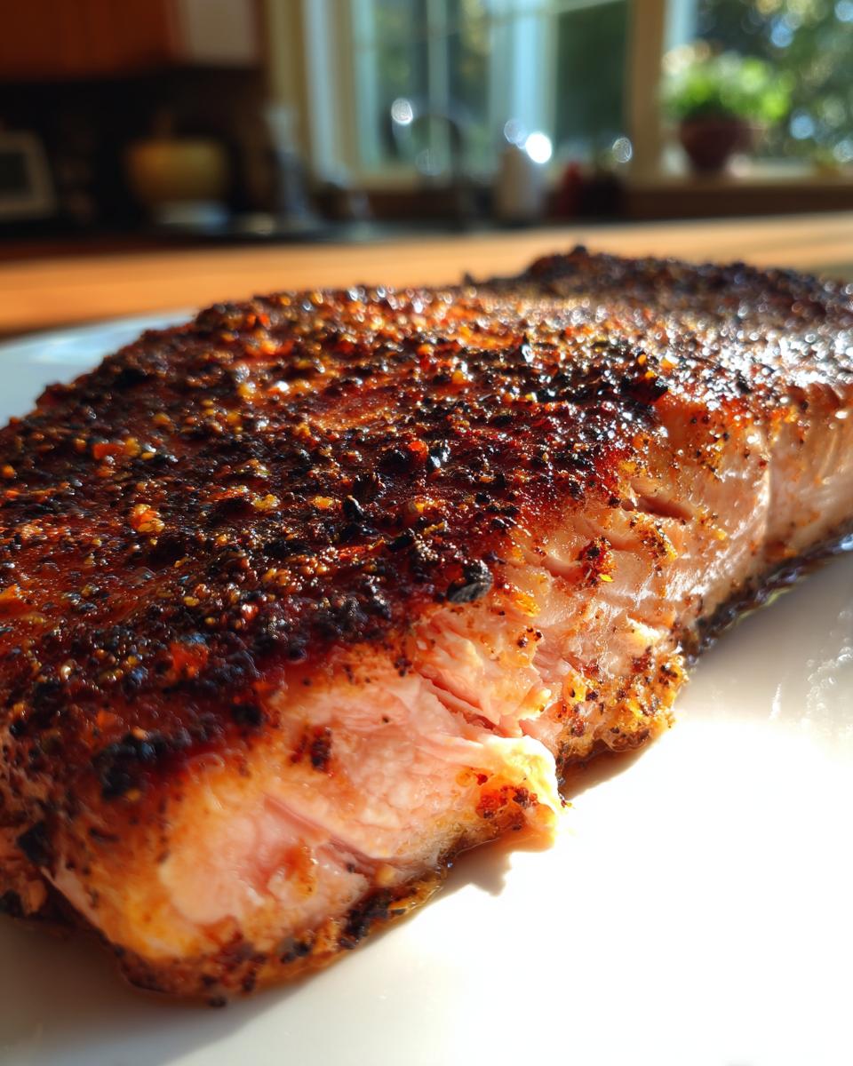 Close-up of a thick, perfectly cooked blackened salmon fillet showing a dark spice crust and flaky pink interior.