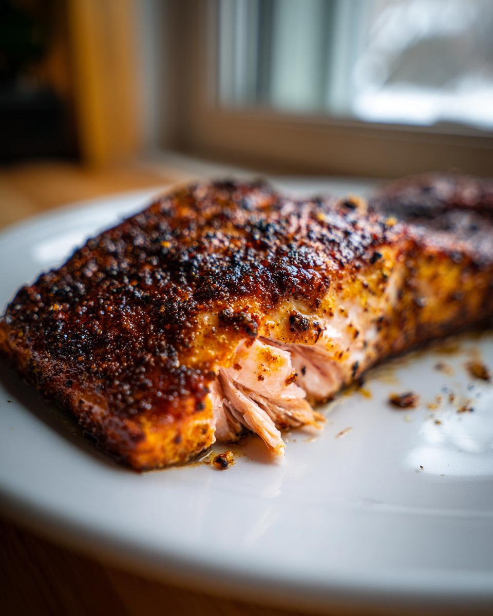 Close-up of a flaky, perfectly cooked piece of blackened salmon on a white plate.