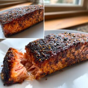 Close-up of a juicy, flaky piece of blackened salmon showing the dark spice crust and moist interior.