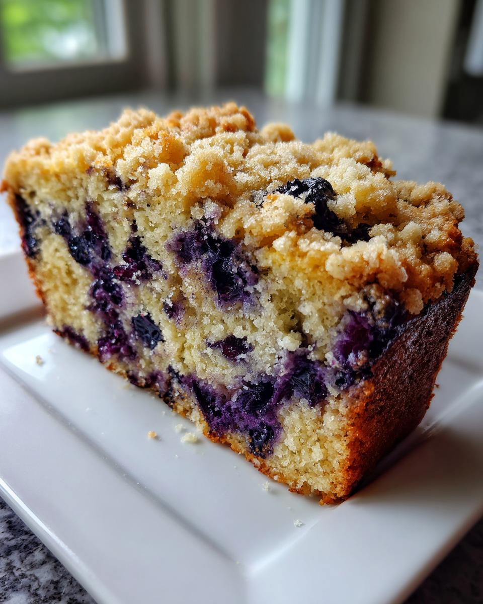Close-up of a moist slice of blueberry banana bread topped with a golden streusel crumb.