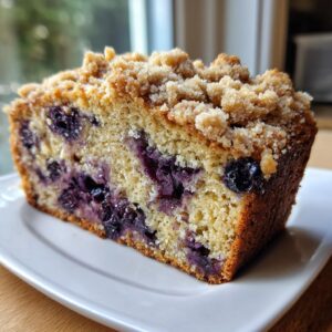 Close-up of a moist slice of blueberry banana bread topped with brown sugar streusel.