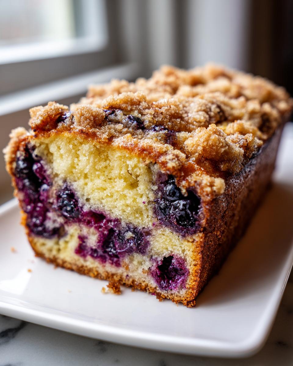 Close-up of a slice of moist blueberry banana bread featuring a crumbly streusel topping and visible blueberries.