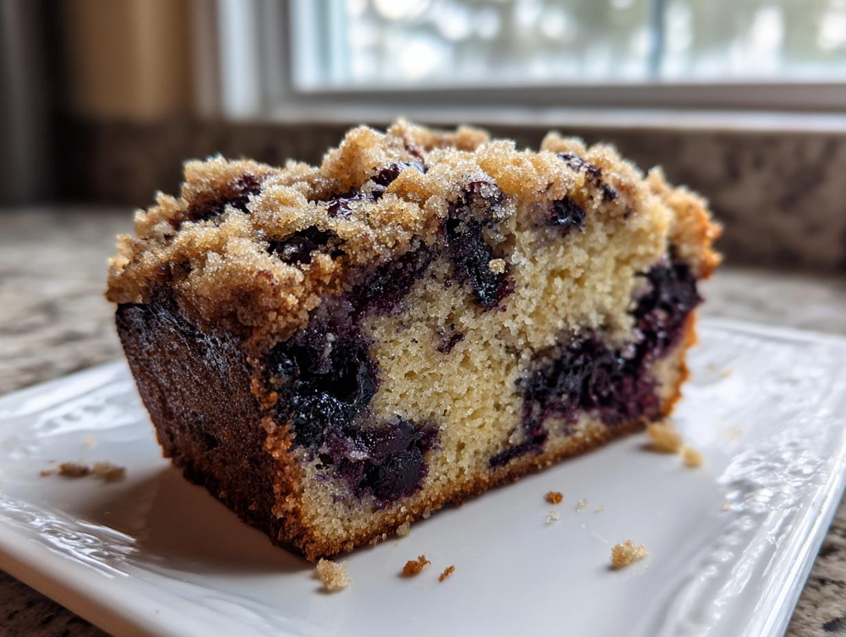 Close-up of a moist slice of blueberry banana bread topped with brown sugar streusel.