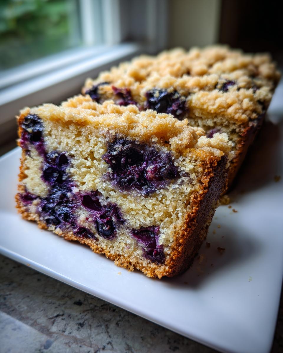 A moist slice of blueberry banana bread featuring visible blueberries and a crumbly streusel topping, resting on a white plate.