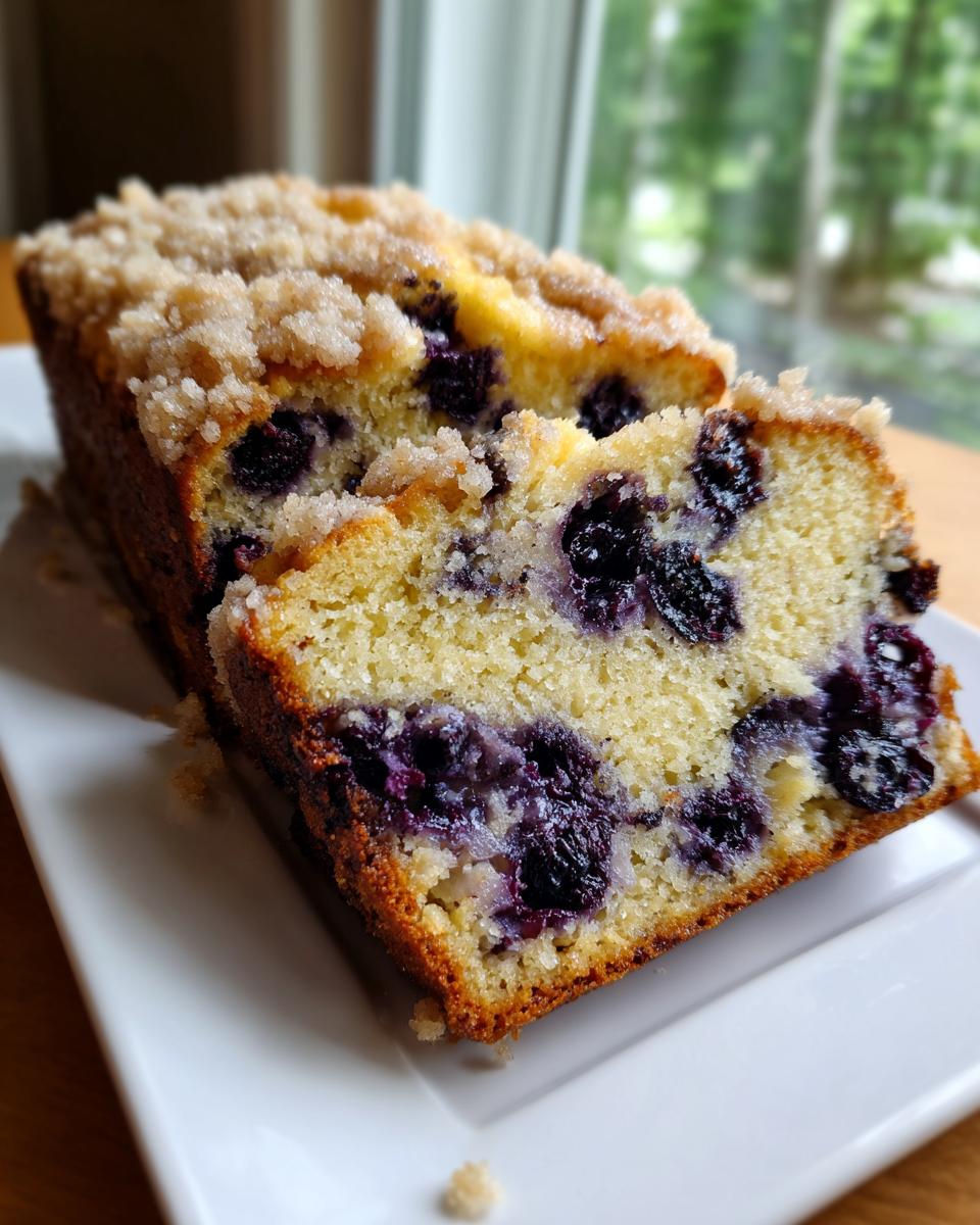 A moist slice of blueberry banana bread featuring visible blueberries and a crumbly streusel topping, served on a white plate.