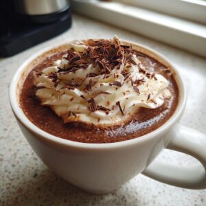 Close-up of a mug filled with rich boozy hot chocolate topped with whipped cream and chocolate shavings.