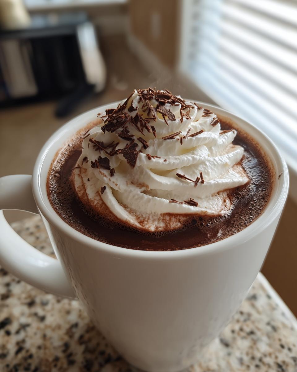 Close-up of a steaming mug of boozy hot chocolate topped with whipped cream and chocolate shavings.