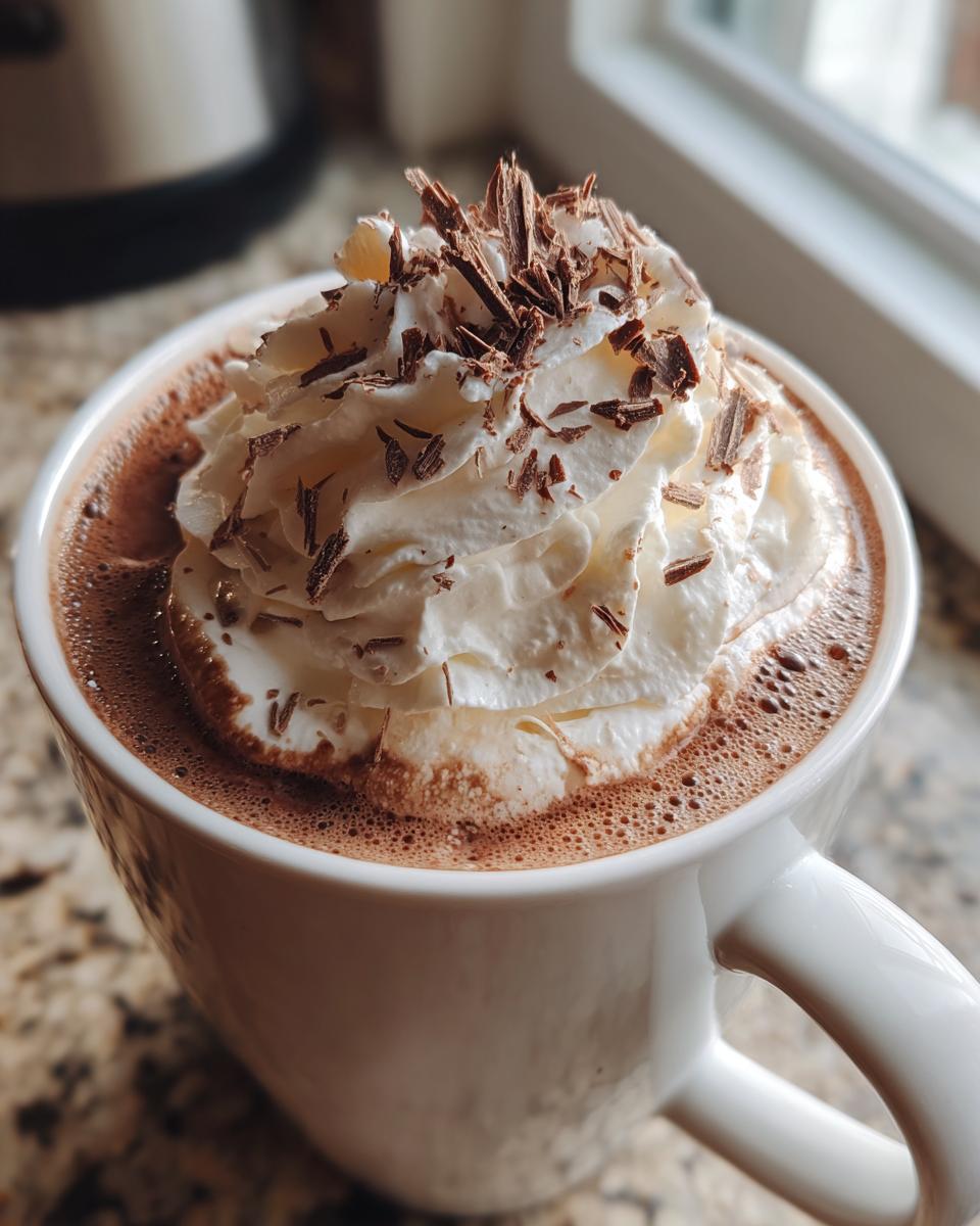 A close-up of a mug filled with rich boozy hot chocolate, topped with whipped cream and chocolate shavings.