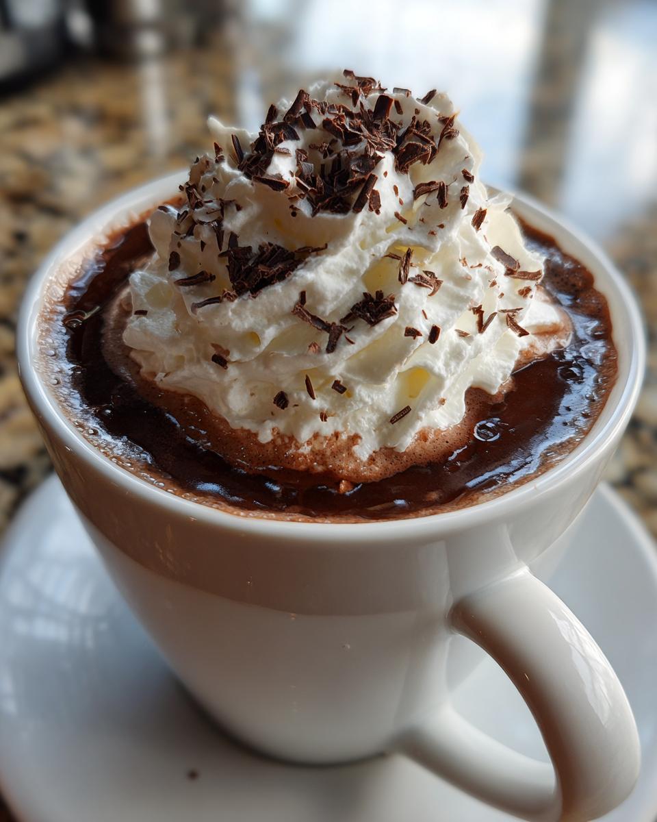Close-up of a mug filled with rich boozy hot chocolate topped with whipped cream and chocolate shavings.
