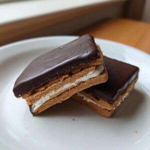 Two homemade Buckeye Graham Crackers sandwiches stacked slightly, showing graham layers, white filling, and dark chocolate coating.