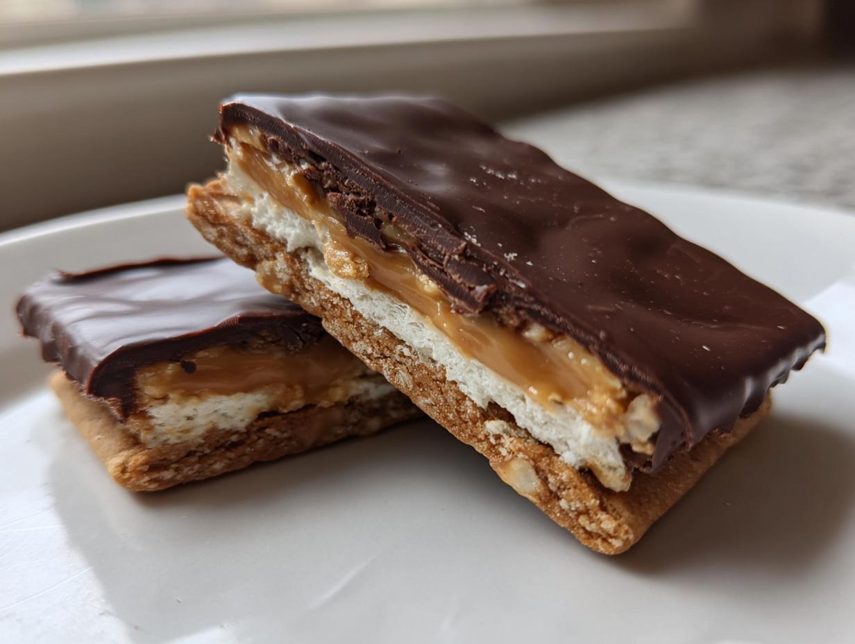 Two layered Buckeye Graham Crackers bars showing graham cracker base, marshmallow, peanut butter filling, and chocolate topping.