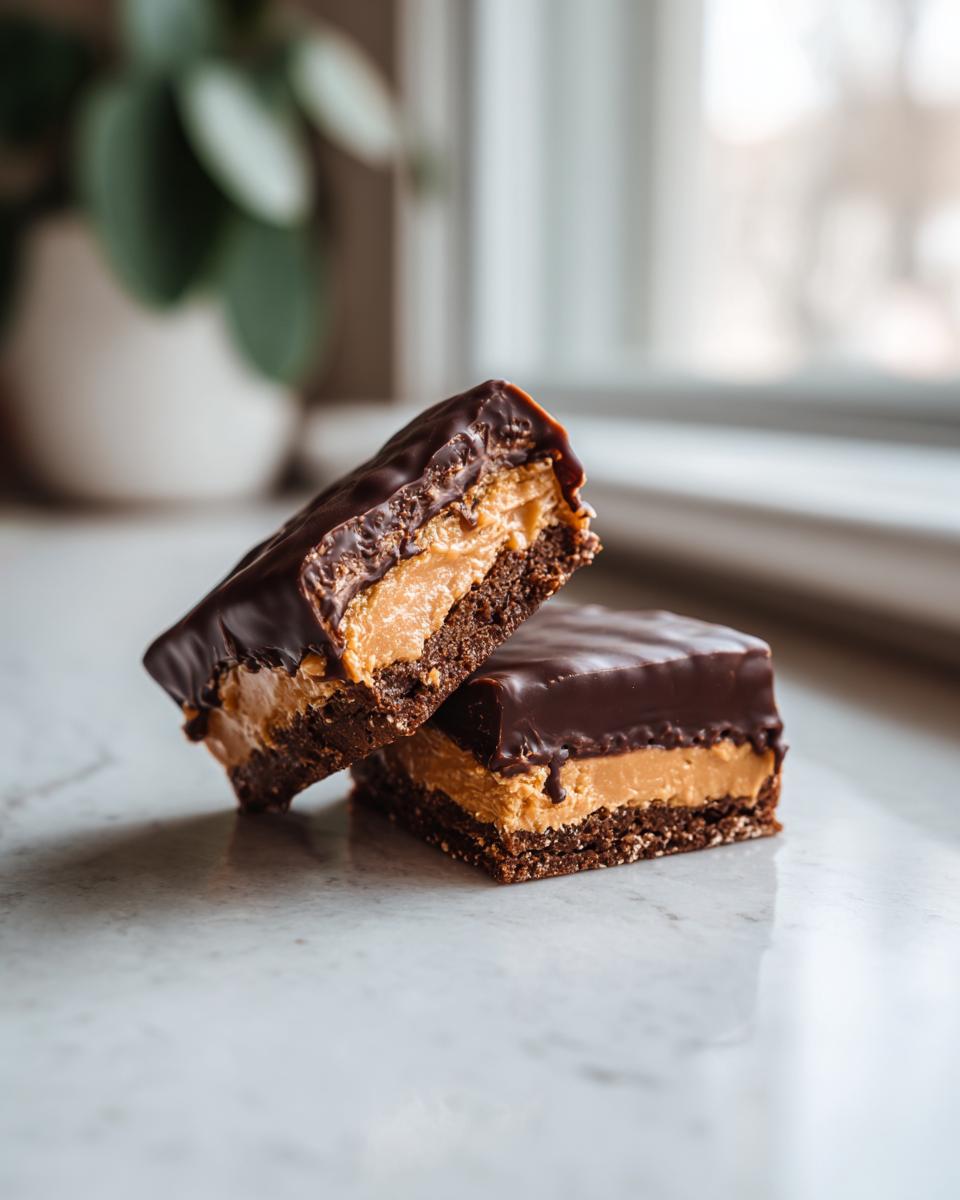 Two squares of rich buckeye graham crackers, showing layers of chocolate, peanut butter filling, and a graham cracker base.