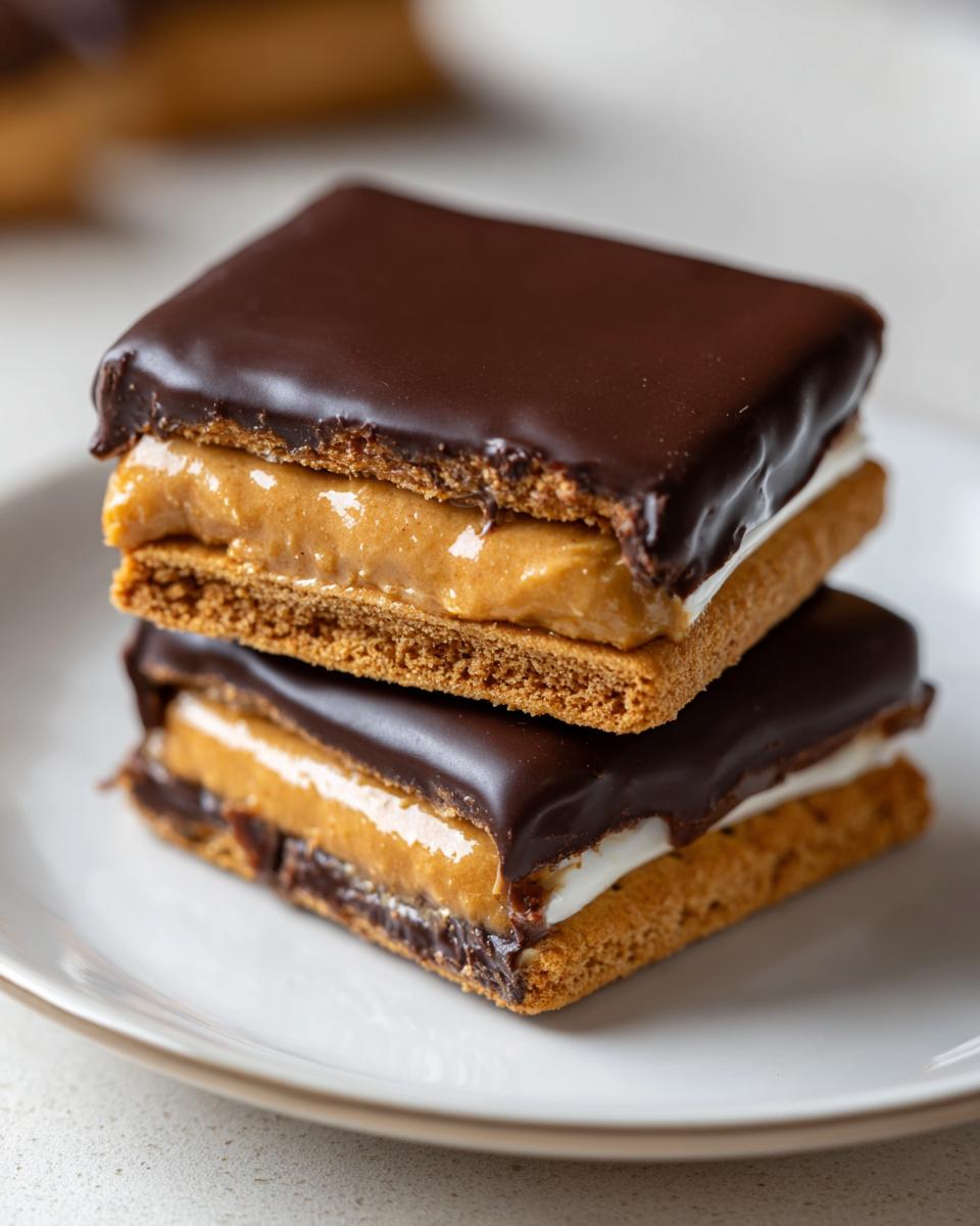 Two stacked Buckeye Graham Crackers sandwiches filled with peanut butter and marshmallow, topped with dark chocolate.