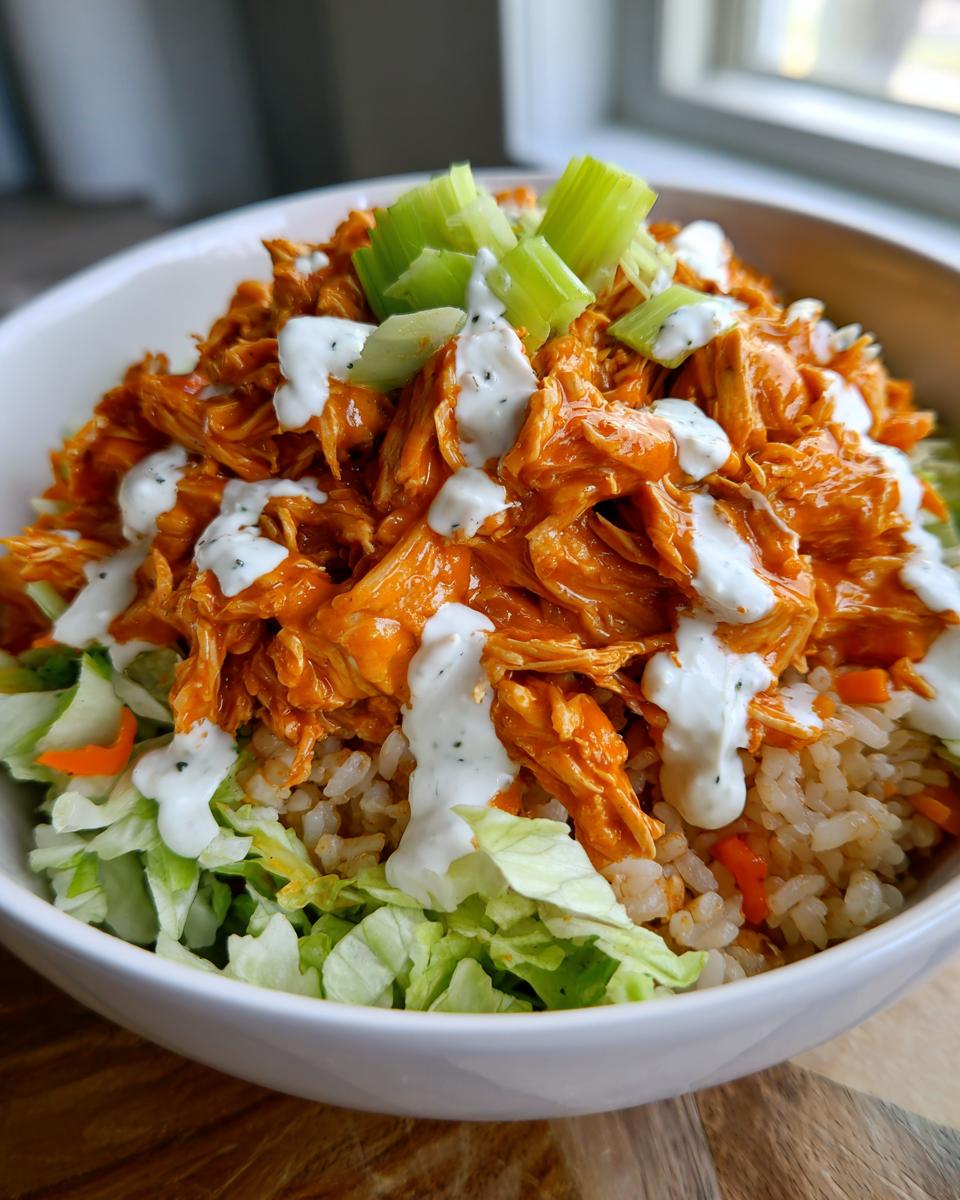 A close-up of a buffalo chicken bowl featuring shredded buffalo chicken, ranch dressing, celery, and lettuce over rice.