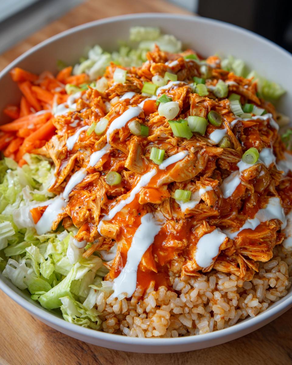 Close-up of a delicious buffalo chicken bowl featuring shredded chicken in orange sauce over brown rice, lettuce, carrots, and a ranch drizzle.