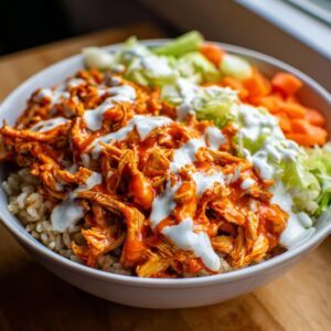 A close-up of a vibrant buffalo chicken bowl featuring shredded chicken coated in orange sauce, drizzled with ranch, served over brown rice with celery and carrots.