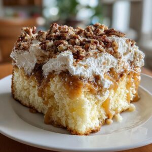 A moist slice of butter pecan praline poke cake topped with whipped cream, caramel sauce, and chopped pecans.