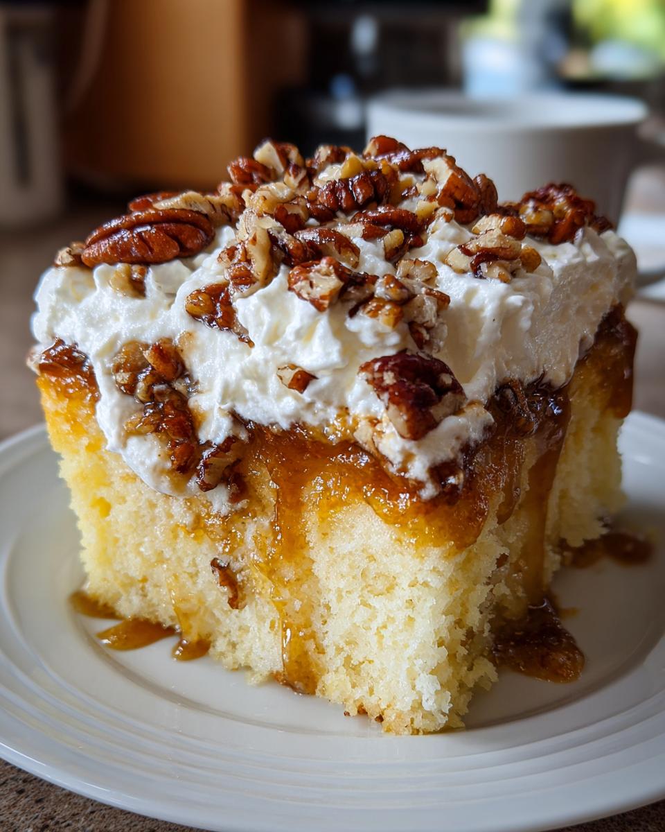 A moist slice of butter pecan praline poke cake topped with whipped cream and candied pecans.