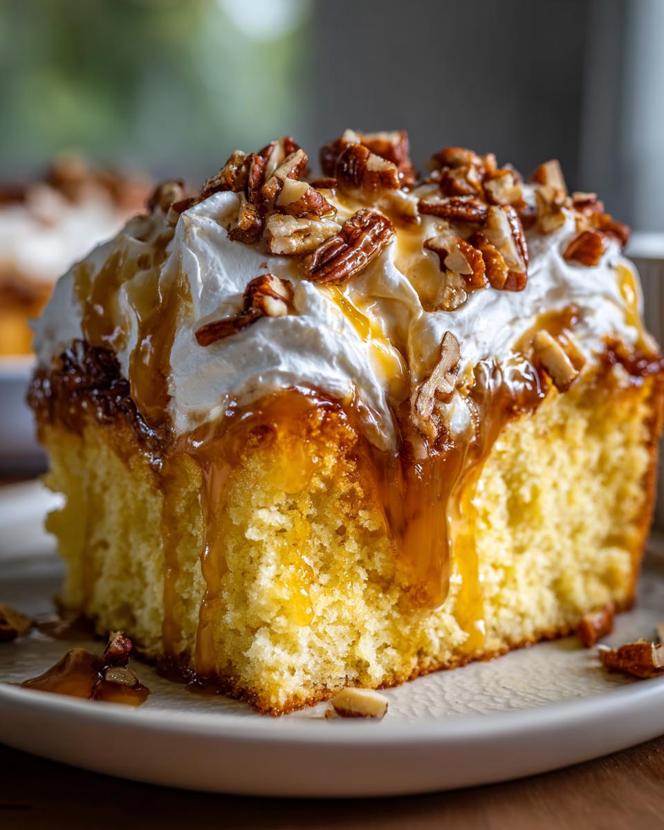 Close-up of a moist slice of butter pecan praline poke cake topped with whipped cream, caramel drizzle, and chopped pecans.