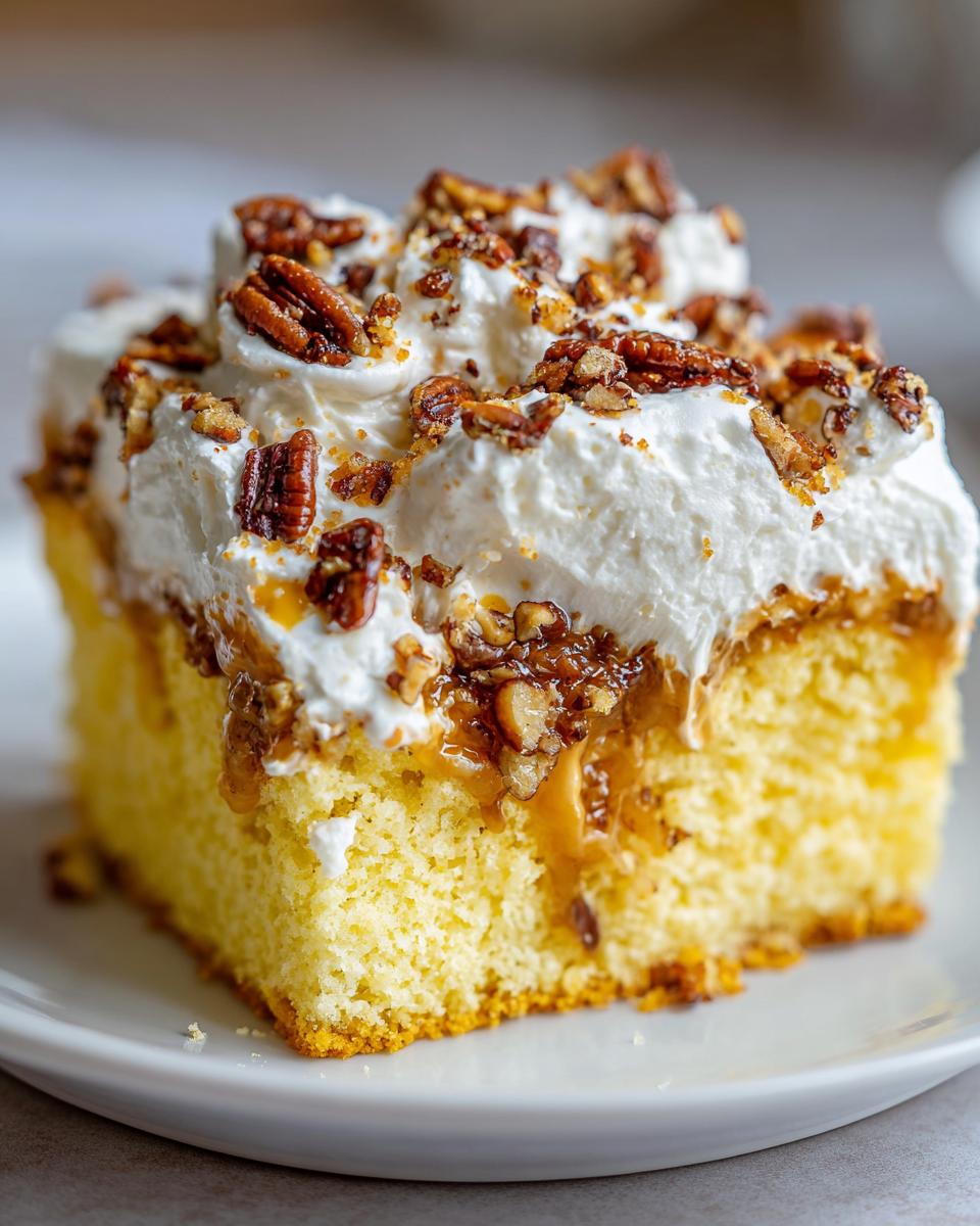 Close-up of a moist slice of butter pecan praline poke cake topped with whipped cream and candied pecans.