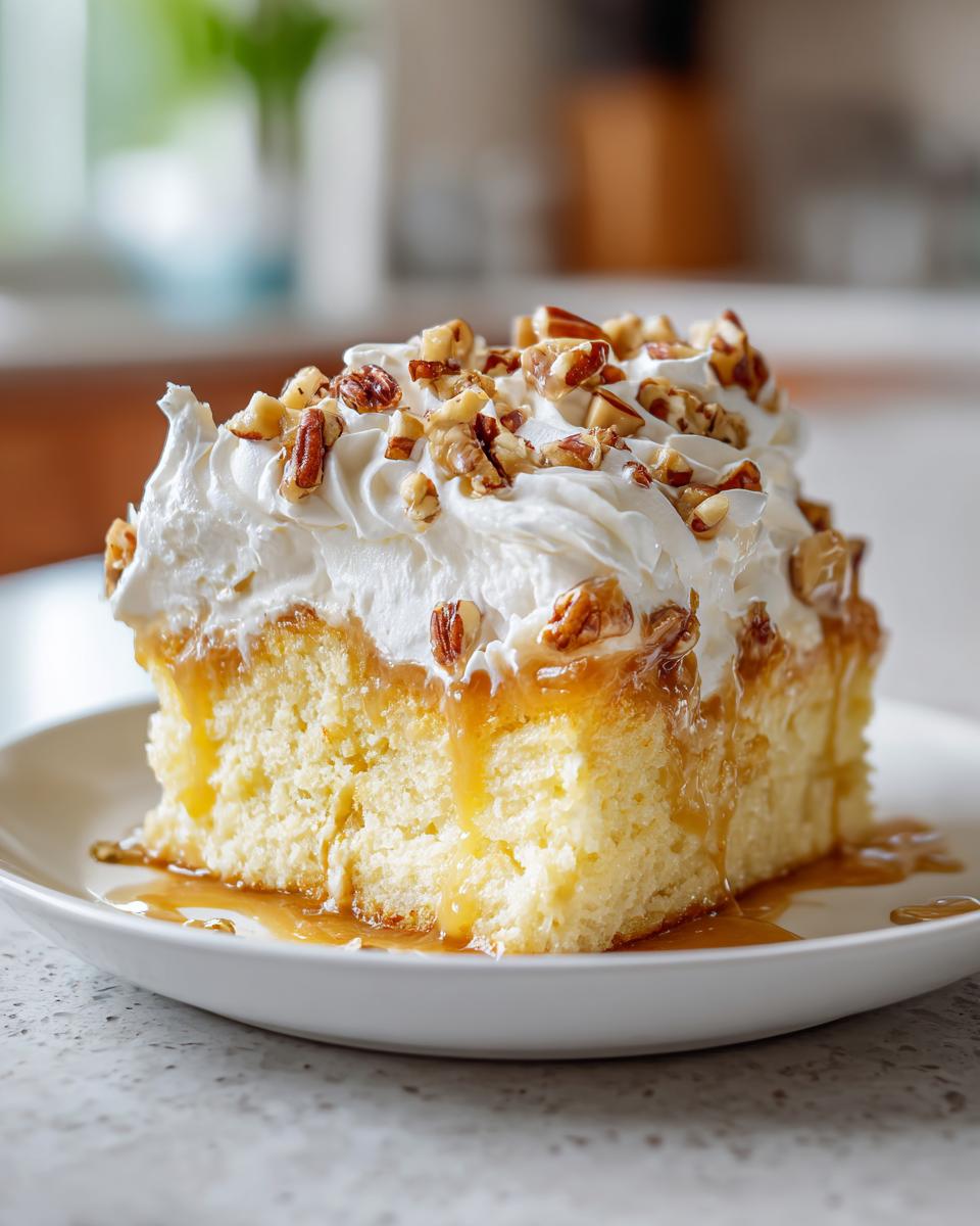 A moist slice of butter pecan praline poke cake topped with whipped cream, caramel drizzle, and chopped pecans.