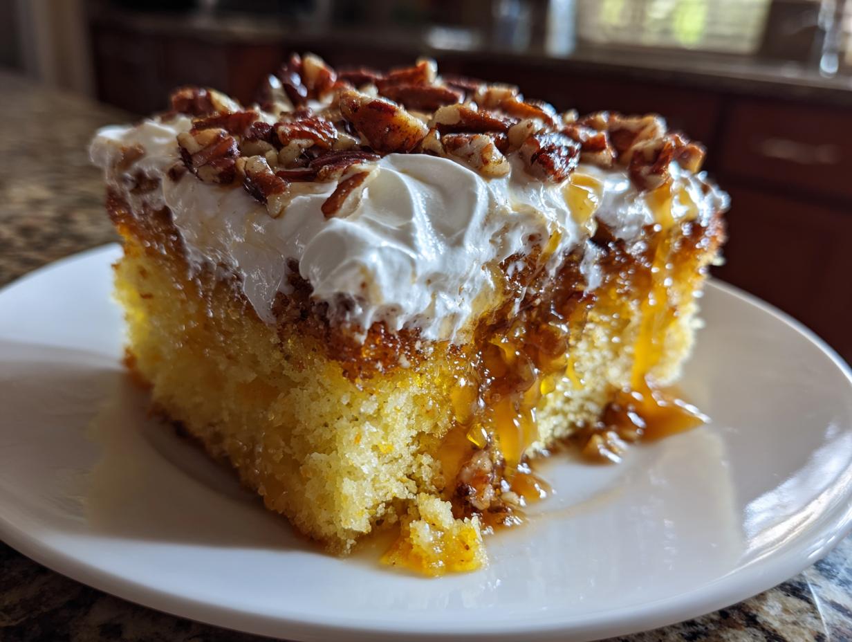 A moist slice of butter pecan praline poke cake topped with whipped cream, pecans, and dripping caramel sauce.