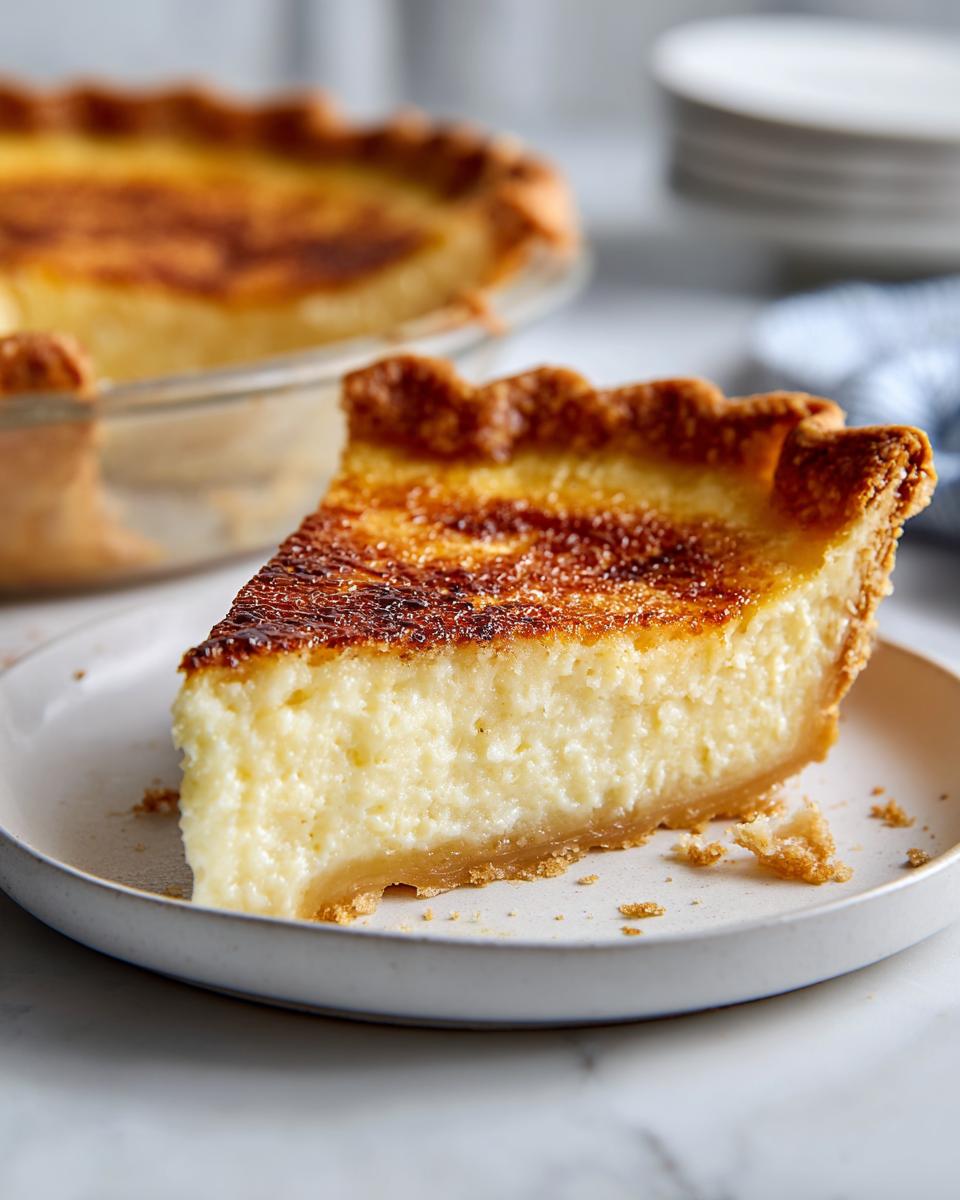 A close-up slice of creamy buttermilk pie with a deeply browned, sugary top crust on a white plate.