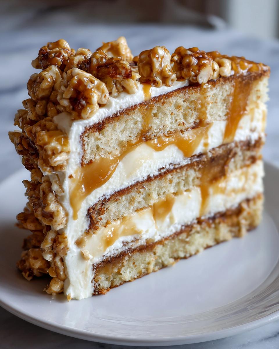 A tall, decadent slice of caramel crunch cake showing layers of sponge, cream, caramel drizzle, and a crunchy topping.