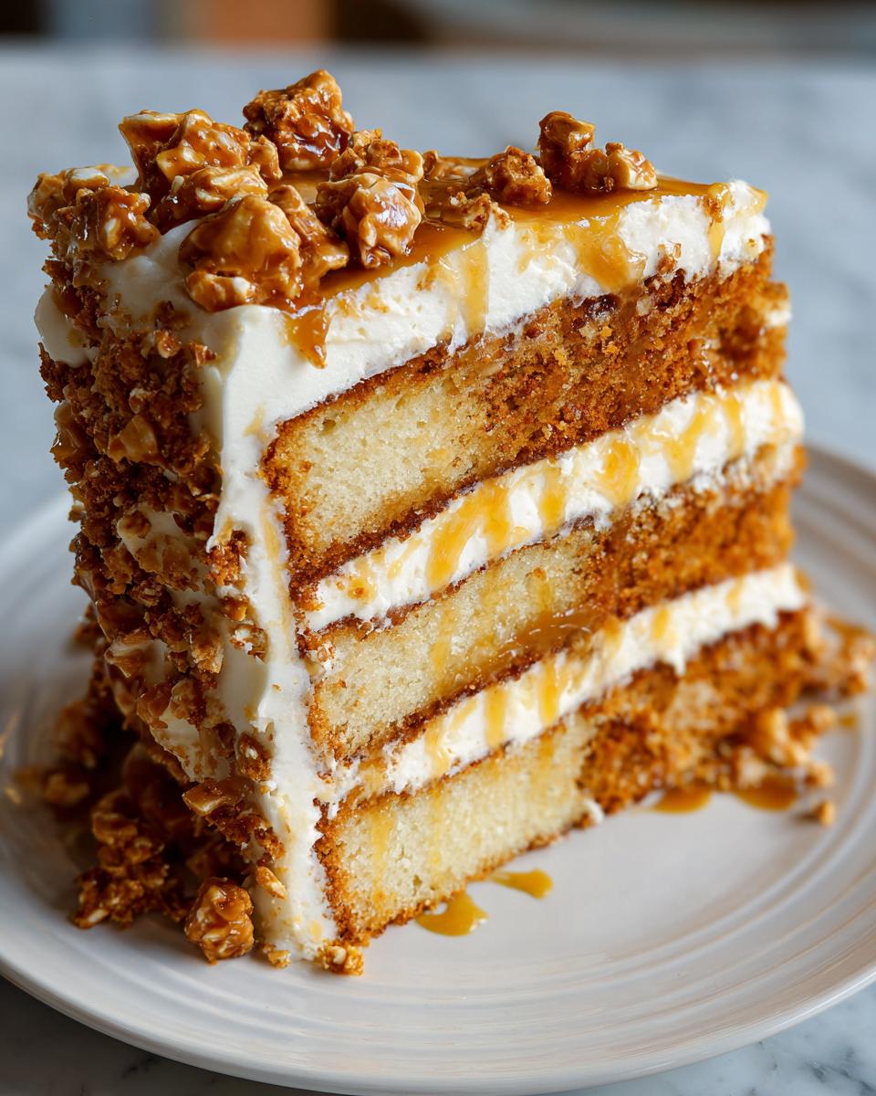 A tall slice of caramel crunch cake showing four layers of cake, white frosting, caramel drizzle, and crunchy caramel topping.
