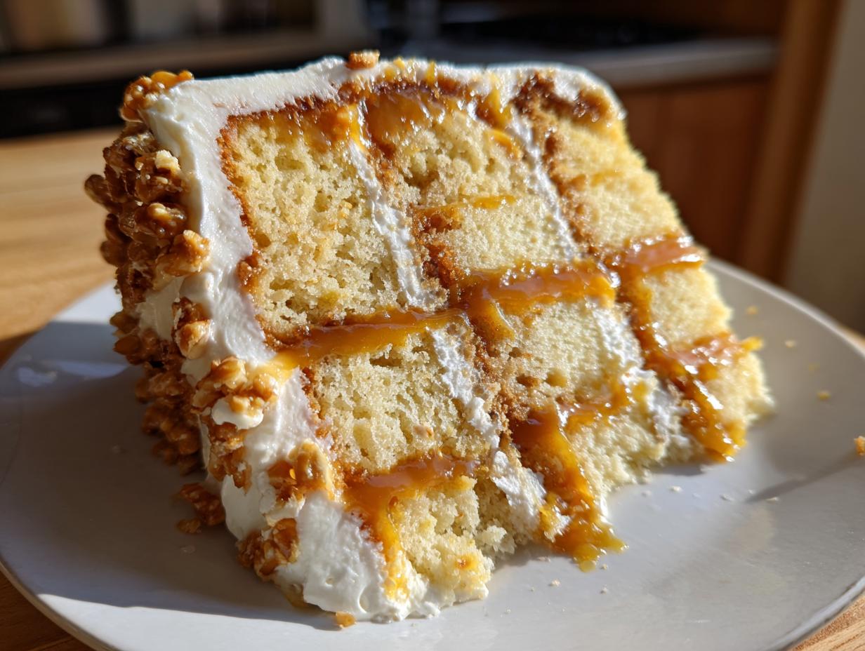 A decadent slice of caramel crunch cake showing three layers of yellow cake, white frosting, and rich caramel drizzle.