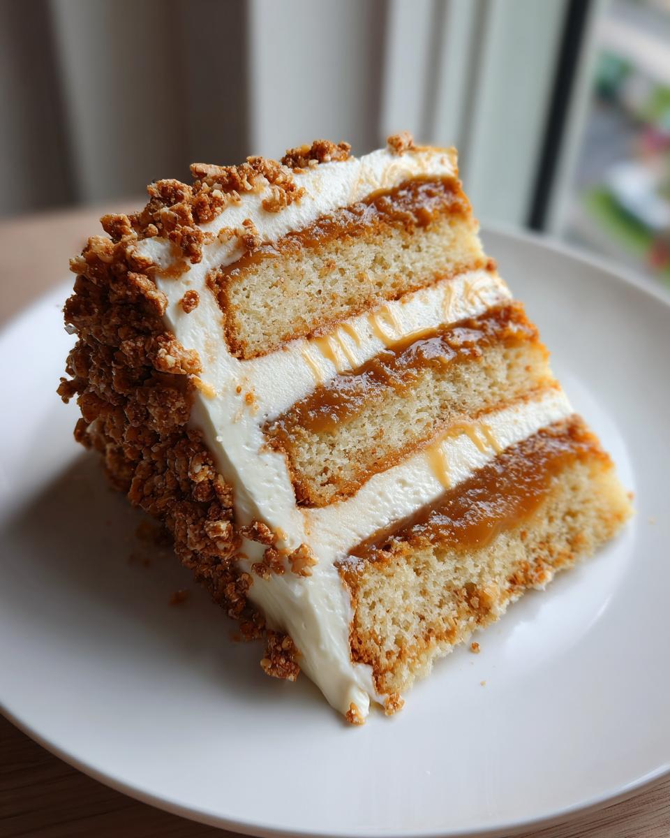 A tall slice of caramel crunch cake showing three layers of light sponge cake, thick caramel filling, and white frosting, coated in crunch topping.