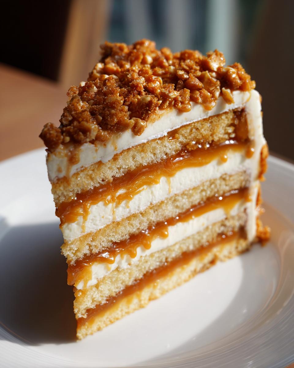 A tall slice of caramel crunch cake showing multiple layers of sponge, cream, and dripping caramel sauce, topped with crunch.