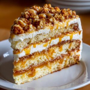 A tall, layered slice of caramel crunch cake featuring sponge layers, white cream, and dripping caramel sauce, topped with nuts.