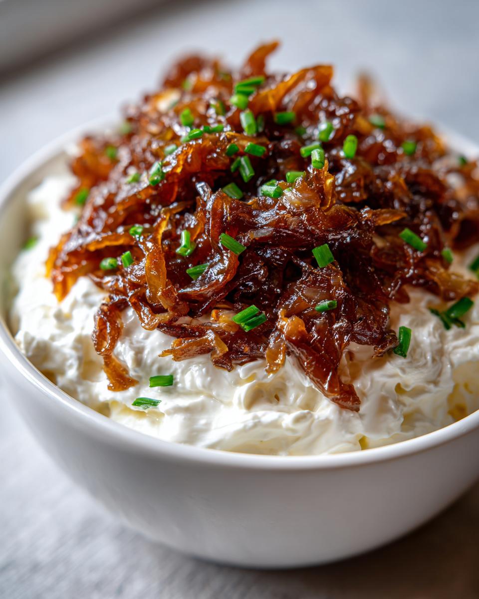 Close-up of a white bowl filled with creamy dip, generously topped with rich caramelized onion dip mixture and fresh chives.