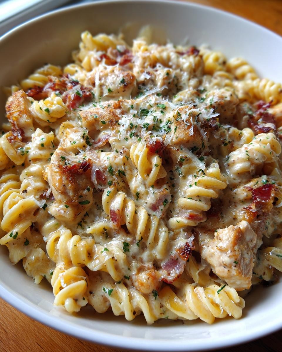 Close-up of a bowl filled with cheesy chicken pasta made with rotini noodles, chunks of chicken, bacon bits, and topped with Parmesan.