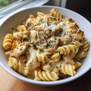 A close-up of a white bowl filled with cheesy chicken pasta made with rotini noodles, topped with shredded cheese and herbs.