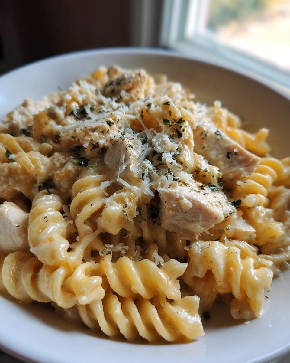 Close-up of a bowl of cheesy chicken pasta made with rotini, topped with grated Parmesan and herbs.